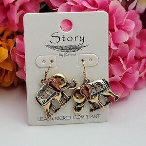 Story By DaVinci Elephant Earrings Dangle Gold Silver Copper 3-Tone French Wire